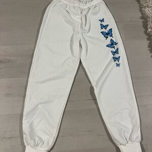 Kids White Joggers with Blue Butterfly Design